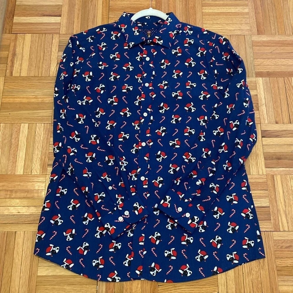 Large Simon Banks Pugs Dog & Candy Cane Long Sleeve Button Up Collared Shirt